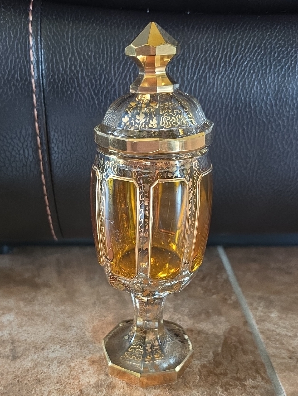 Gold-Tone Amber Glass Decorative Covered Pedestal Jar